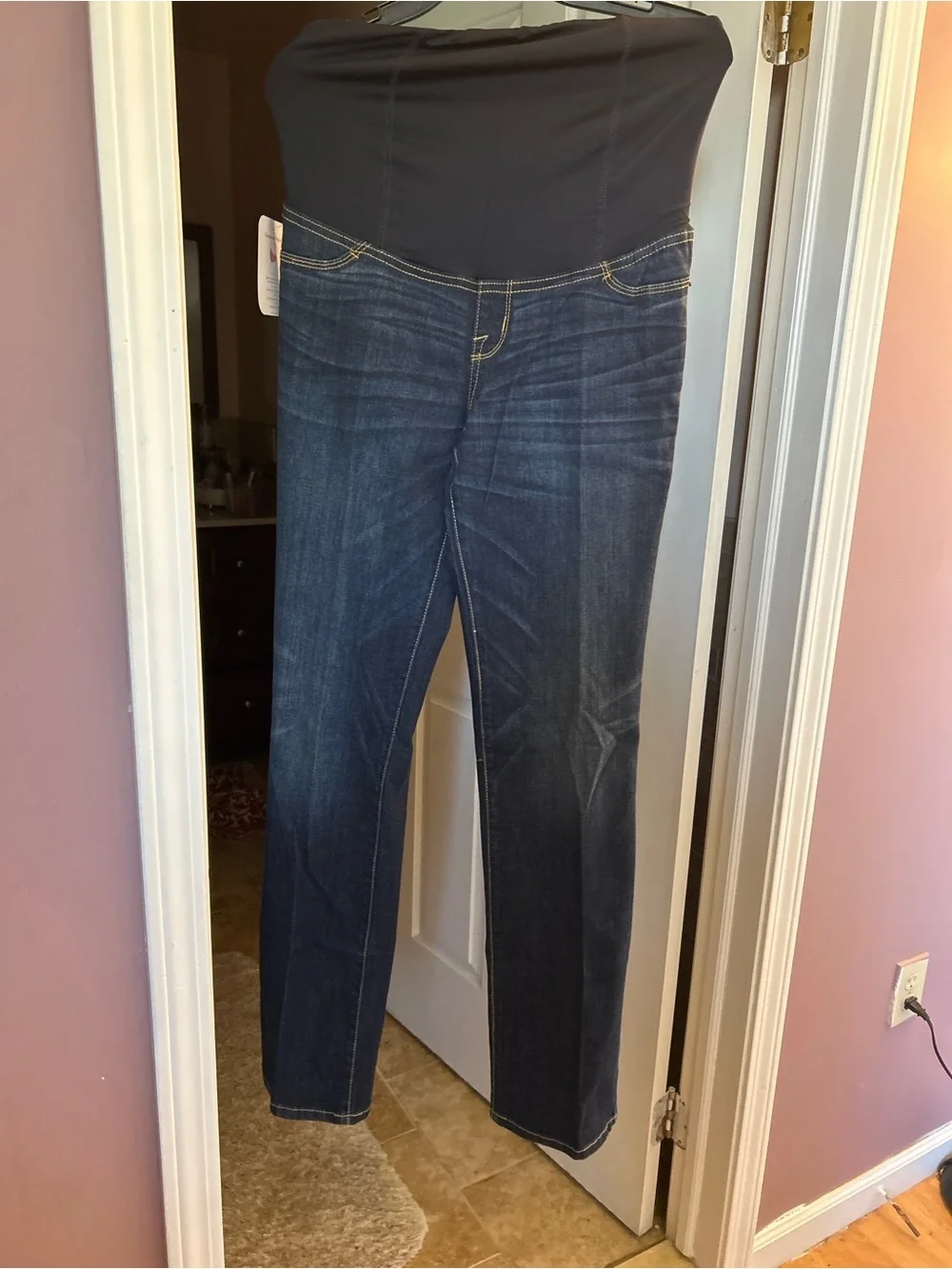 Dark Blue Maternity Jeans with Black Stretch Waistband